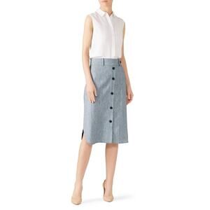 CLUB MONACO Shashah Button-Up Midi Pencil Skirt Blue/White Linen Blend Size 8